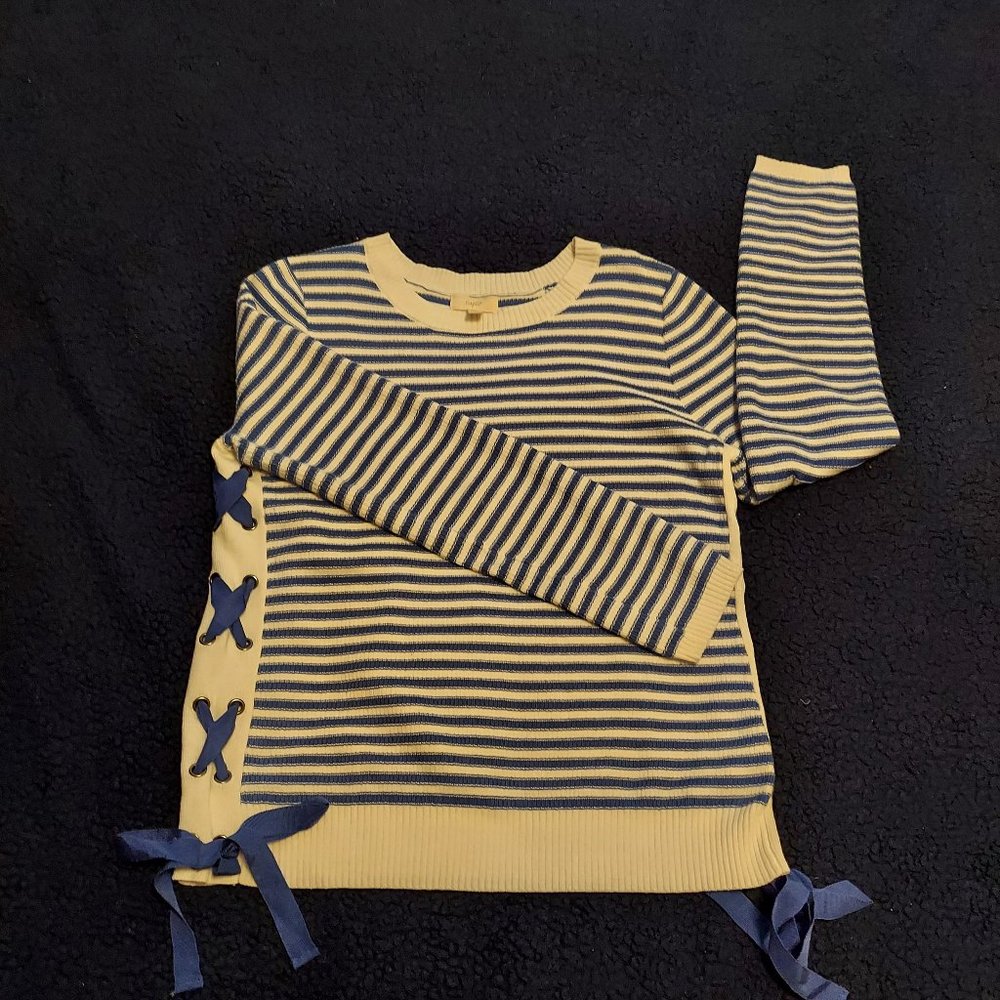 CUPIO Stripe Sweater with Side Tie detail, periwinkle color